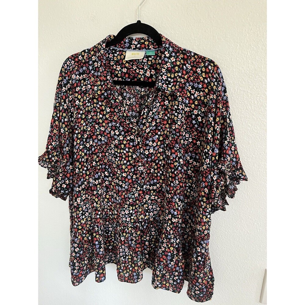 Maeve By Anthropologie Ruffled Blouse Black Floral Star Print Size 1X Whimsigoth